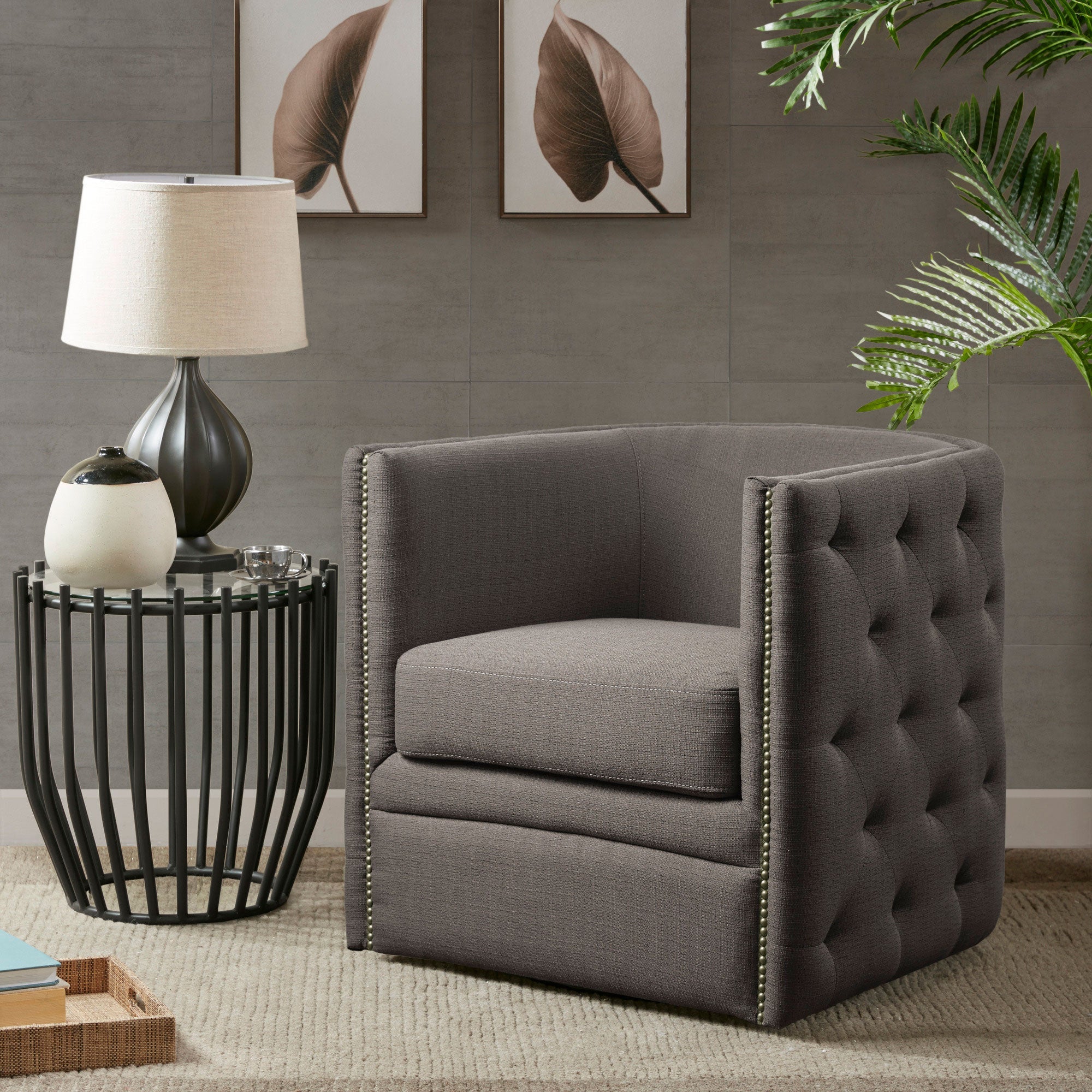 Grey swivel best sale barrel chair