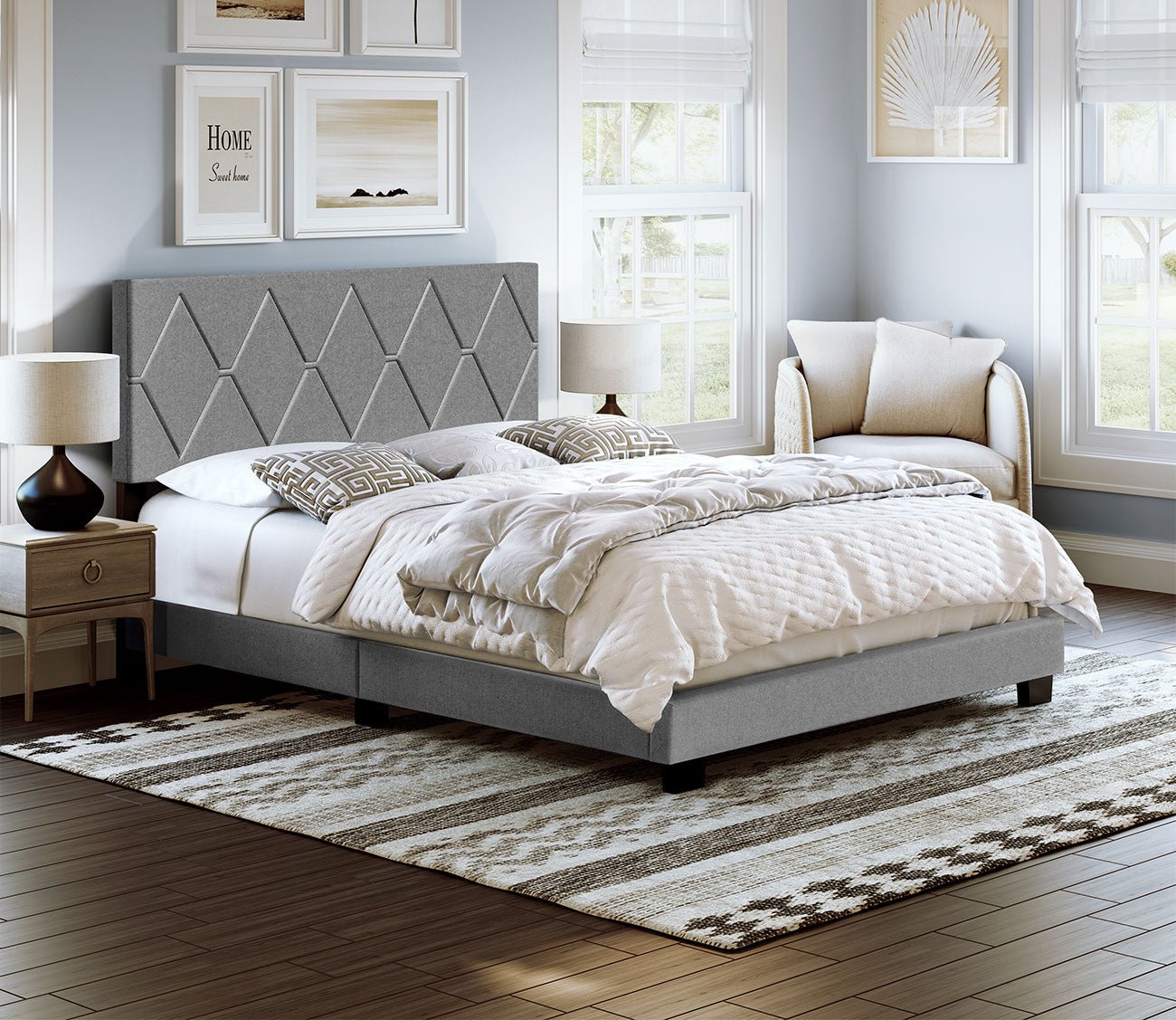 Upholstered diamond tufted platform deals bed with drawers