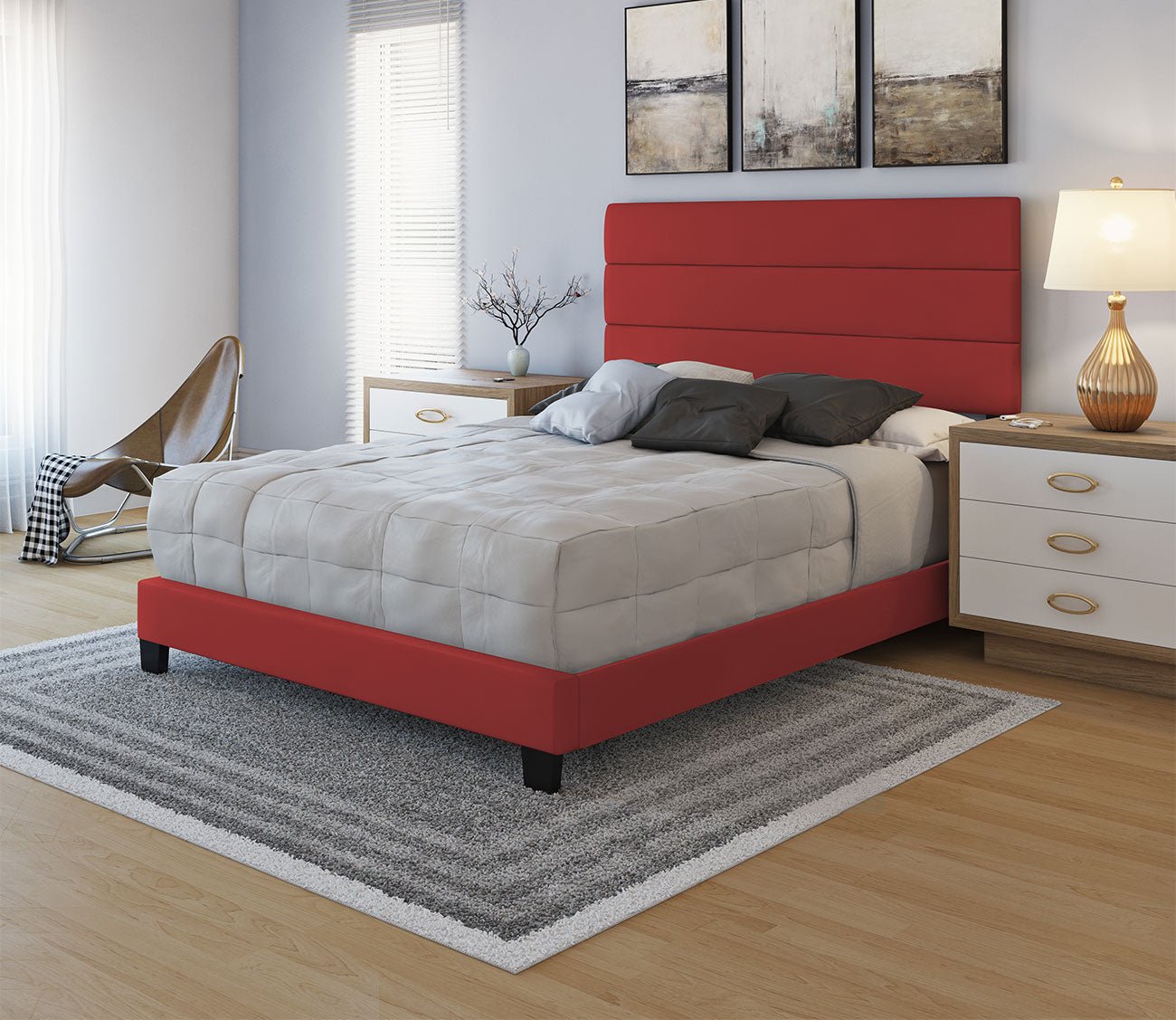 Premier rapallo upholstered faux leather tri outlet panel channel headboard platform bed frame