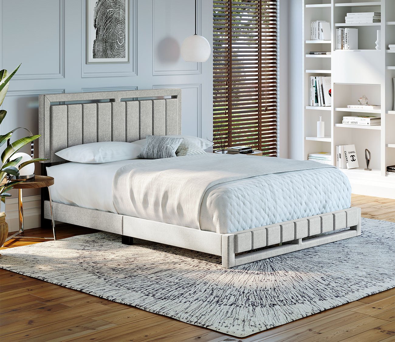 White fabric 2024 platform bed